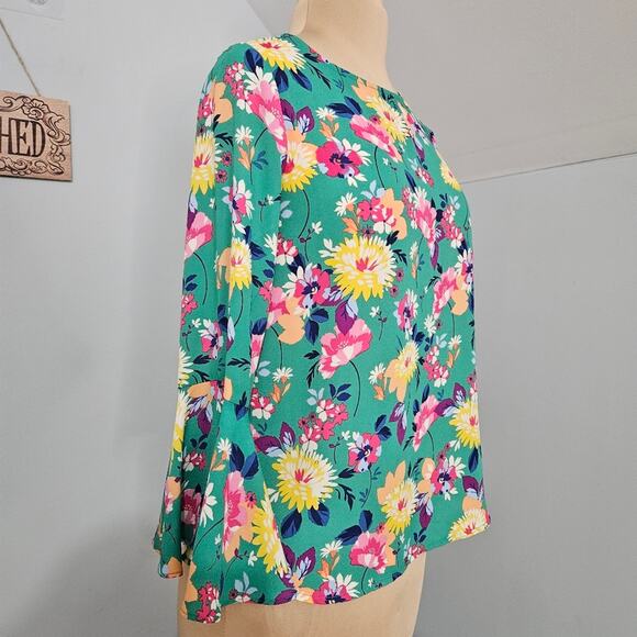 Floral Green Blouse 3/4 Bell Sleeve Womens Small Bloomcore Spring Summer Popover - Picture 3 of 14